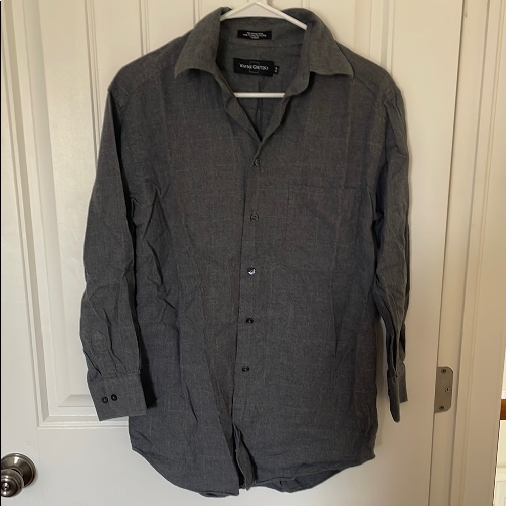 Wayne  Gretzky Cotton Flannel Gray Button-Up  Dress Shirt